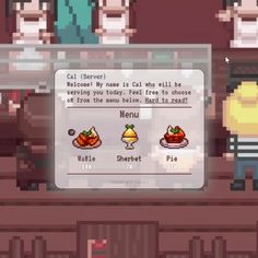 an image of a menu screen with people in the background and food items on it