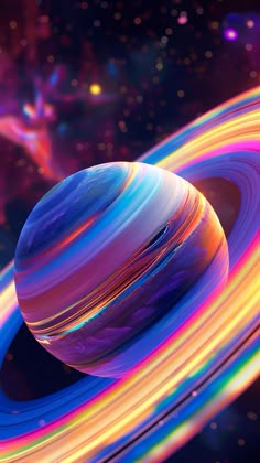 an image of saturn in the space with colorful lines on it's surface and bright colors