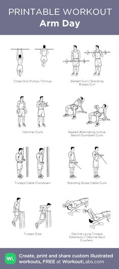 the printable workout arm day is shown in black and white, with instructions on how to