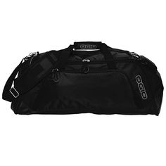 a large black duffel bag sitting on top of a white floor