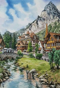 a watercolor painting of a village with mountains in the background and a river running through it