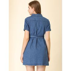 The dress features a point collar, a button-down design, and a belt for a casual chic look. Pair it with ankle boots or chunky sneakers for a casual look. This denim shirt dress is a good choice for fall or spring. A belt gathering around the waist brings a feminine touch. Add another cooler-season dress to your assortment with this style. It has short sleeves, a flattering tie waist, and plenty of practical pockets. Fastened with a full placket at the front, this piece can be paired well with p Trendy Collared Denim Dress In Relaxed Fit, Trendy Collared Denim Dress With Relaxed Fit, Trendy Button-up Denim Dress For Workwear, Trendy Buttoned Denim Dress For Work, Trendy Relaxed Fit Collared Denim Dress, Casual Short Sleeve Denim Dress With Belt, Casual Short Sleeve Belted Denim Dress, Casual Belted Short Sleeve Denim Dress, Trendy Collared Denim Dress