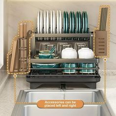 an open dish rack filled with dishes in a kitchen