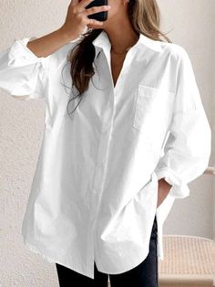 White Plain Collared Long Sleeve Shirt Cotton Shirts Women Casual, Women Shirts Blouse Casual, White Blouse Women, Lady Tops, Cotton Shirts Women, Women White Blouse, Straight Clothes, White Long Sleeve Blouse, Casual Shirt Women