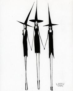 three black and white drawings of witches with their hands in the air, one holding on to her head