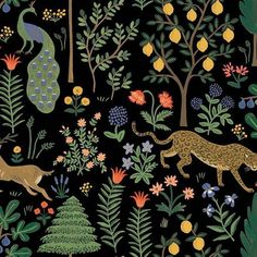 an illustration of animals and plants in the woods with pineapples, lemons, and peacocks