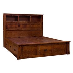 a wooden bed frame with drawers on each side and an open bookcase above it