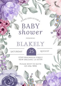 a baby shower is shown with purple flowers and greenery on the bottom half of it