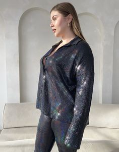 Curve Button Up Disco Sequin Shirt Plus Size Tops -2020AVE Long Sleeve Tops With Buttons For Night Out, Glamorous Button-up Tops For Fall, Chic Shiny Long Sleeve Tops, Sequin Button-up Tops For Night Out, Casual Party Tops With Buttons, Shiny Tops For Night Out In Fall, Collared Tops With Button Closure For Night Out, Collared Top With Button Closure For Night Out, Fall Button-up Tops For Night Out