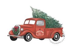 an old red truck with a christmas tree on the back