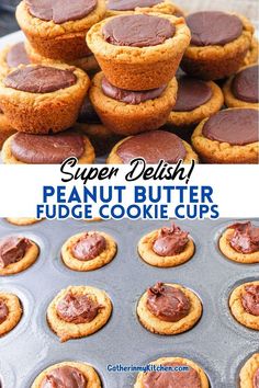 peanut butter fudge cookie cups are stacked on top of each other in a muffin tin