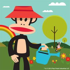 a monkey with a red hat watering some flowers