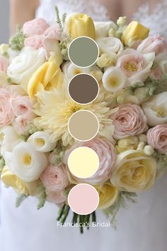 the bride's bouquet is arranged in shades of pink, yellow and white flowers