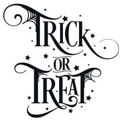 the word trick or treat written in black ink on white paper with stars and swirls