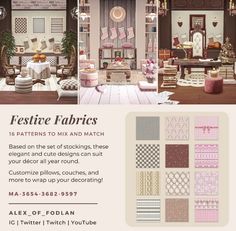 an advertisement for a fabric store featuring pink and brown furniture