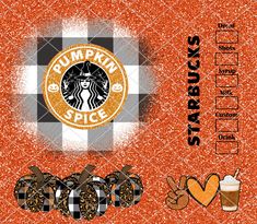 the starbucks pumpkin spice label is shown on an orange background with black and white stripes