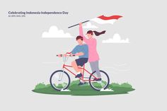 two people riding on a bike with an american flag in the background and text celebrating indonesia independence day