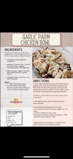 the flyer for garlic parm chicken bowl is shown in pink and white colors, with text