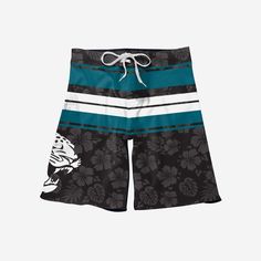 You know those awesome grand prizes you can win at boardwalk games? These Jacksonville Jaguars Hibiscus Boardwalk Stripe Boardshorts are just as awesome, but they're way easier to get. Features Team-colored, tropical, floral design with all-over hibiscus pattern so you can rep the team in style Bold team logo display on right leg, in case there were any doubts where your allegiances lie Miniature team logo display on reverse side for a little extra team spirit Elastic waistband to keep you feeli Boardwalk Games, Hibiscus Pattern, Chosen Shirt, Logo Display, Jacksonville Jaguars, Formal Looks, Tropical Floral, Big Game, Unisex Style