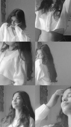 four pictures of a woman brushing her hair