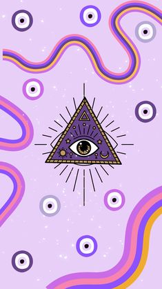 an all seeing eye in the middle of a purple background with swirls and circles