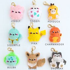 the pokemon keychains are all different colors and sizes, including pikachu, eevee, togapi, squiuku