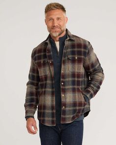 Worn alone or layered, this snap-closure men's wool shirt offers outstanding details in substantial 7.4-oz Oregon Tweed woven in our Pacific Northwest mills. It features two snap-close chest pockets, two welt pockets, and contrast solid fabric lining the neck, collar and placket. 75% pure virgin wool/25% lambswool. Lining: 65% polyester/35% cotton. Wool fabric woven in our American mills. Imported of USA fabric. | MEN'S PLAID FOREST SHIRT JACKET Plaid Outerwear With Pockets And Spread Collar, Classic Wool Flannel Shirt With Pockets, Wool Long Sleeve Flannel Shirt With Button Closure, Wool Shirt Jacket, Pendleton Jacket, Joaquin Phoenix, Wool Shirt, Dress Well, Mens Plaid