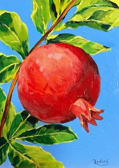 a painting of a pomegranate on a branch with green leaves and blue sky in the background