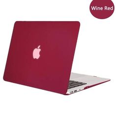 a red macbook air laptop with the wine red sticker on it's cover