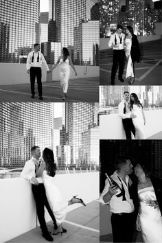 black and white photos of a bride and groom posing on the roof of a building