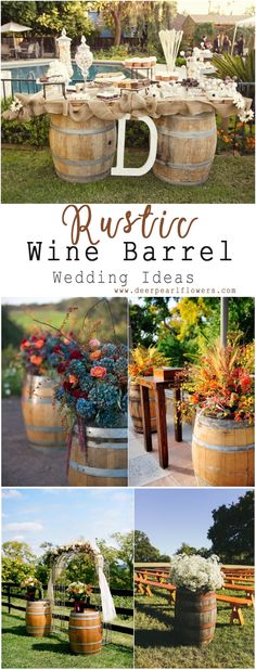 an outdoor wedding with wooden barrels and flowers