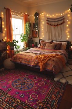 a bed room with a neatly made bed and lots of lights