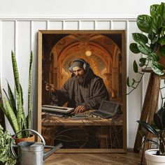 a painting of a man with headphones sitting at a desk in front of a potted plant