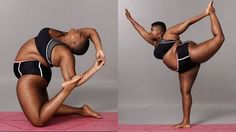 a woman in a black swimsuit doing yoga poses