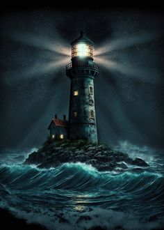 a painting of a lighthouse on top of a small island in the middle of the ocean