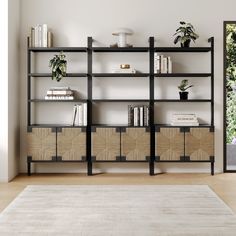 a living room with bookshelves and plants on the shelves