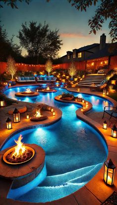 an outdoor swimming pool with fire pit and seating around it at night, lit up by lanterns