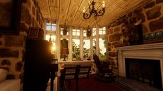 a living room filled with furniture and a fire place under a chandelier next to a fireplace