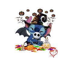 a cartoon character sitting on top of a pile of pumpkins with bats flying around