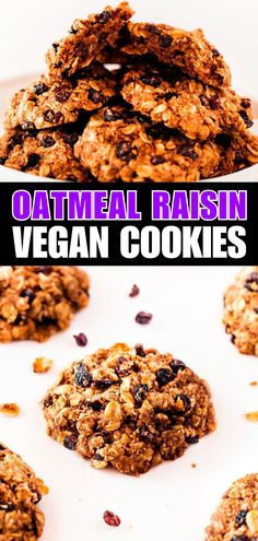 oatmeal raisin vegan cookies stacked on top of each other with text overlay