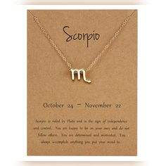 the zodiac sign necklace is displayed on a card with an inscription that reads scorpio