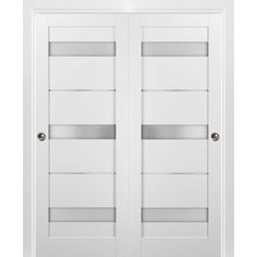 two white double doors with metal bars on each side and glass inserts at the top