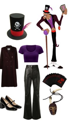 an assortment of clothing and accessories including a top hat