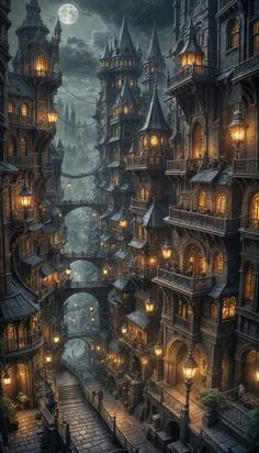 an image of a fantasy city at night