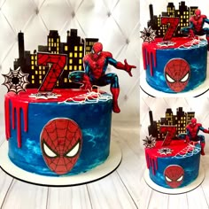 a spiderman themed cake is shown in three different pictures