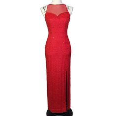 Vintage Beaded Silk Halter Evening Gown  Red  Size XS- runs small in the back See Photos for measurements Approximate measurements: Bust measures 14 inches across when laid flat Waist measures 11 inches across when laid flat 54.5 inch length from shoulder to hem For reference, dress form measurements are: bust 33.5 inches, waist 26.5 inches, hips 35.5 inches Excellent used condition Features: 100% silk, beaded bodice, sleeveless, zip and hook & eye closure, lattice pattern on the back Tags:  beaded glamorous prom cocktail party holiday Christmas formal Christmas Formal, Gown Red, Red Dress Women, Beaded Bodice, Lattice Pattern, 80 Dress, Dress Form, Hook Eye, Holiday Christmas