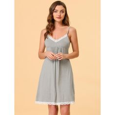 This mini nightgown has no Chest Pads. This stretchy pajamas dress for women is soft, lightweight, breathable and comfortable to wear as. This dress designed with solid color and v-neck with lace makes the sleepwear beautiful, and you have different color choice to match it with your heart. No matter the cozy bedtime, casual home relax, laze afternoon, comfy bath, the soft and lightweight women's nightdress could company with you all the time. It's good choice to be a perfect gift for your mom, Spaghetti Straps Nightgown With Lace Trim For Loungewear, Casual V-neck Nightgown With Lace Trim, Spring Sleepwear Camisole For Sleeping, Lace Trim Mini Dress For Loungewear, Casual Sleepwear With Spaghetti Straps For Night, Spring Mini Length Loungewear Sleepwear, Casual Nightgown With Lace Trim For Bedtime, Cotton Nightgown With Spaghetti Straps For Sleep, Casual Sleepwear With Lace Trim And Spaghetti Straps