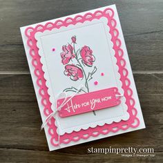 a pink and white card with flowers on it, saying i'm for you now