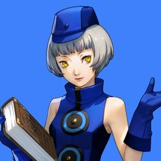 an anime character holding a book and giving the thumbs up sign with her right hand