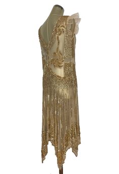 1920s Looks, Gown Gold, Mesh Gown, Handkerchief Hem, Vintage Gowns, Hollywood Regency, Hand Beading, Geometric Design, Ruffles